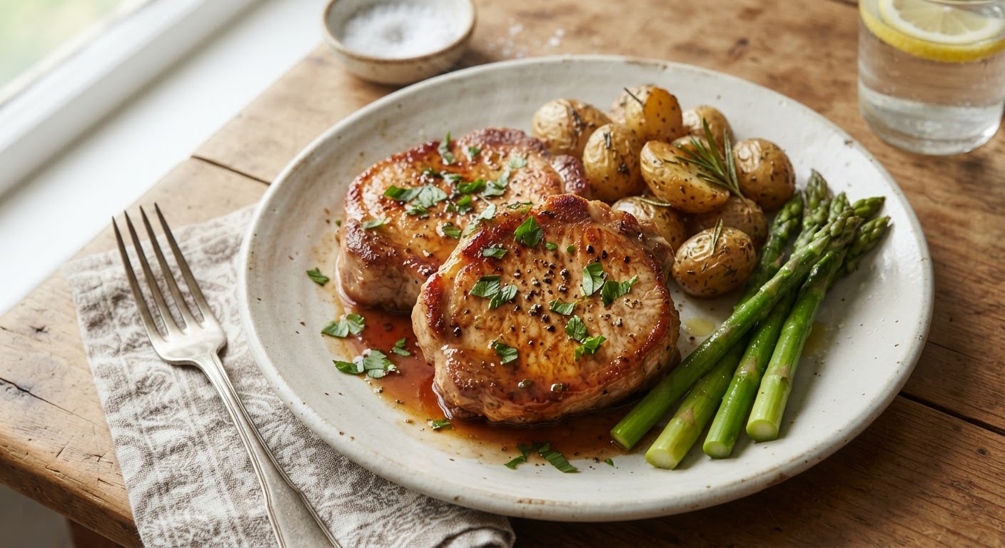 Plated Pan-Seared Pork Chops with Apple Cider Glaze