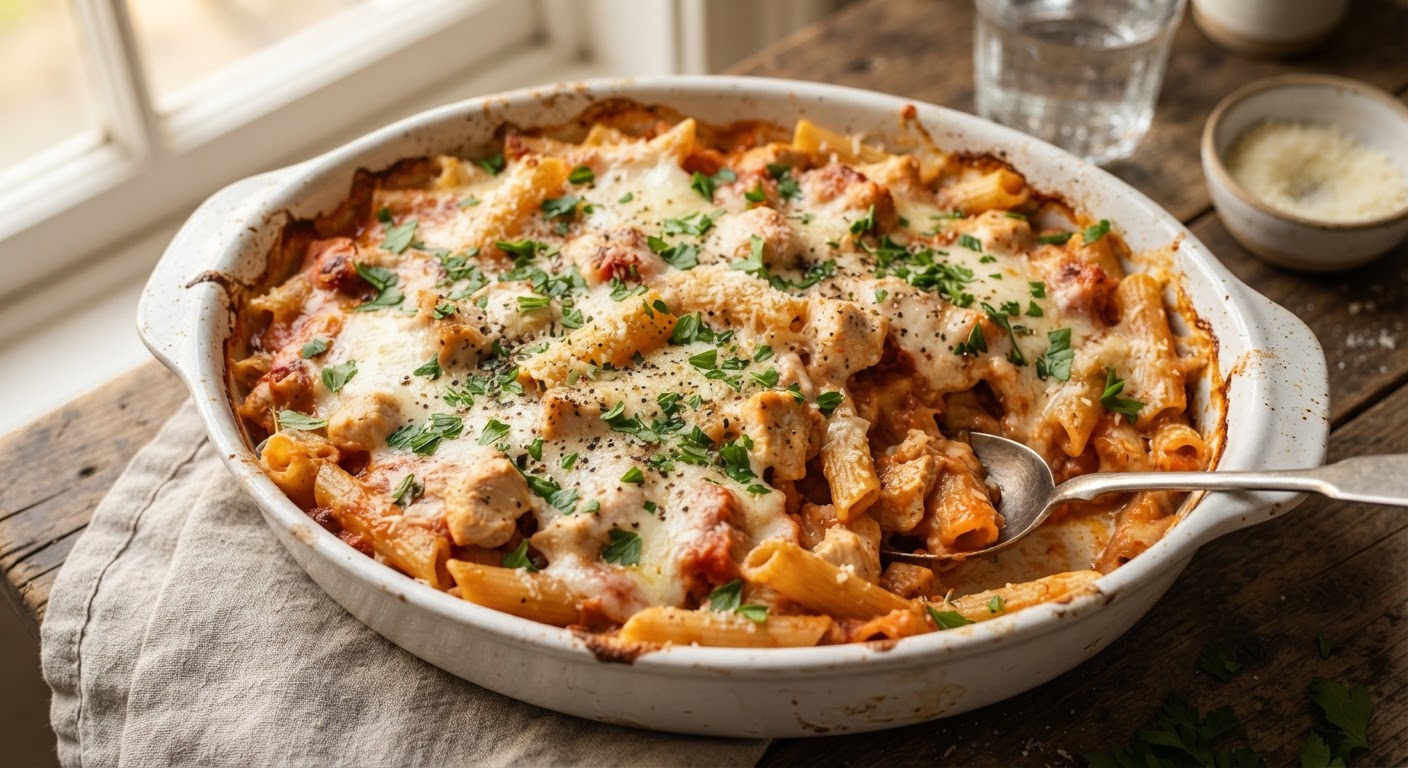 Plated Hearty Chicken and Tomato Pasta Bake