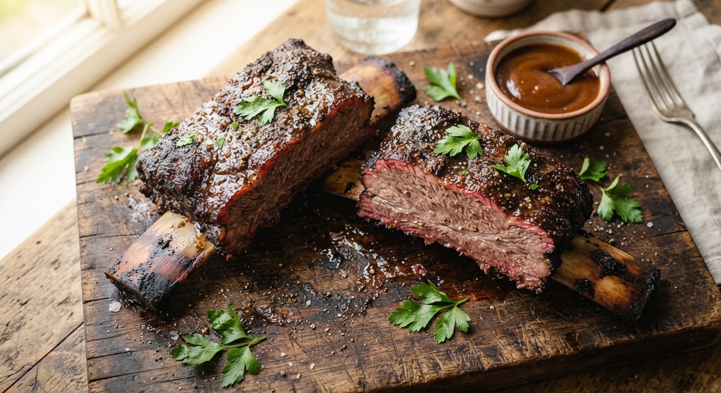 Plated Smoked 'Dinosaur' Beef Ribs with Garlic-Herb Crust