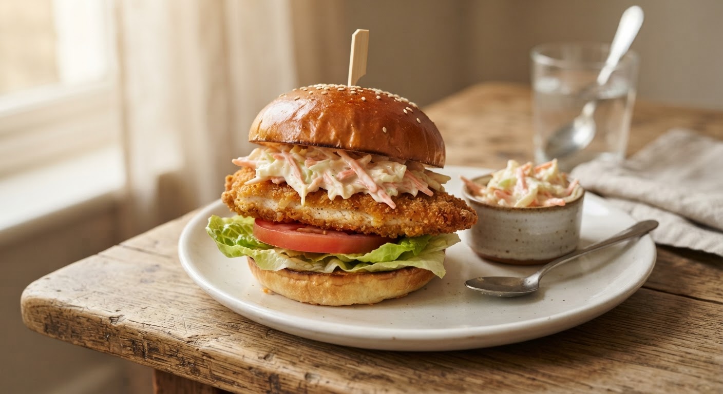 Plated Classic Chicken Burger with Creamy Coleslaw