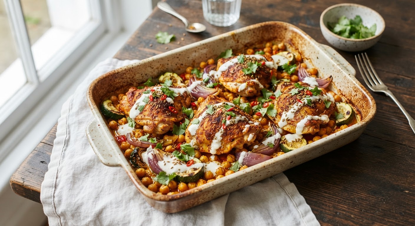 Plated Spicy Harissa Chicken Traybake with Chickpeas and Courgette