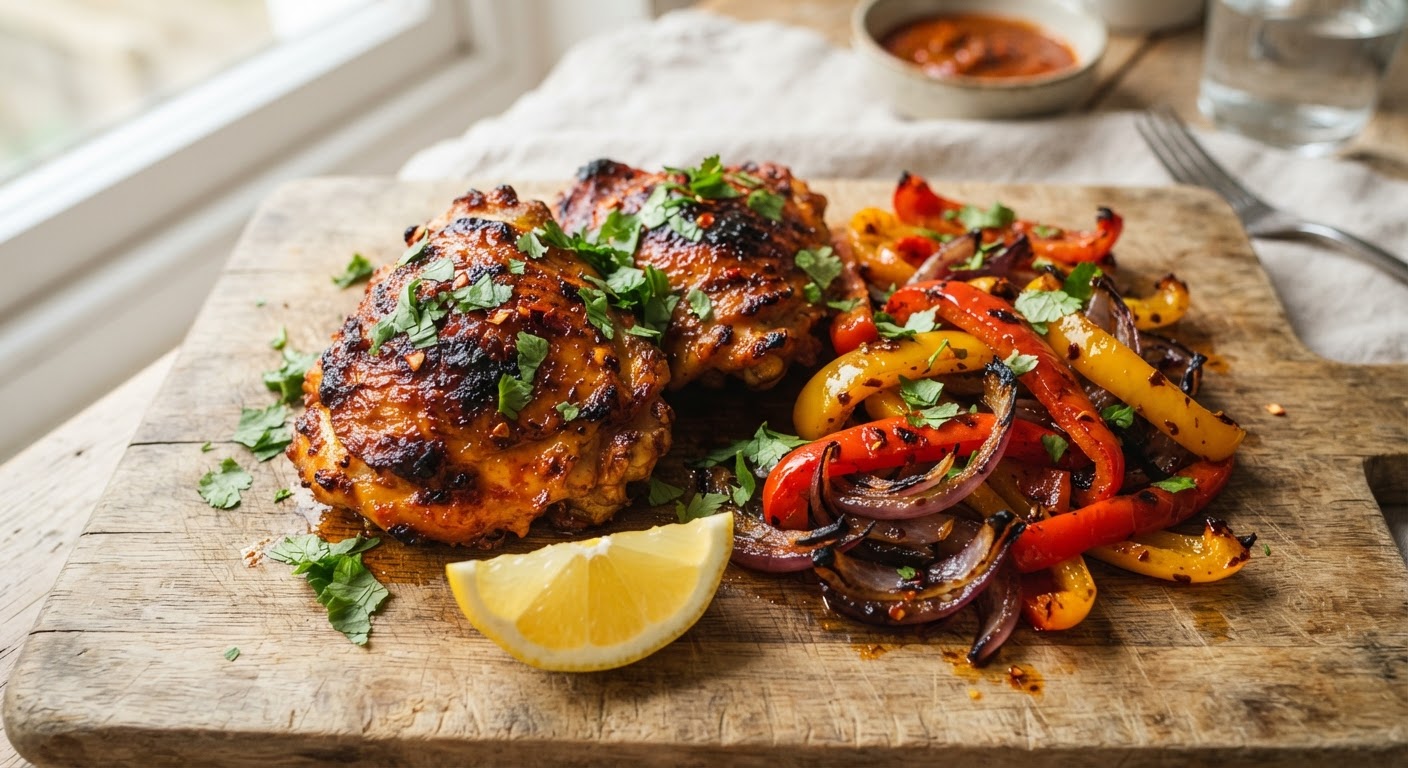 Plated Classic Piri Piri Chicken with Roasted Peppers