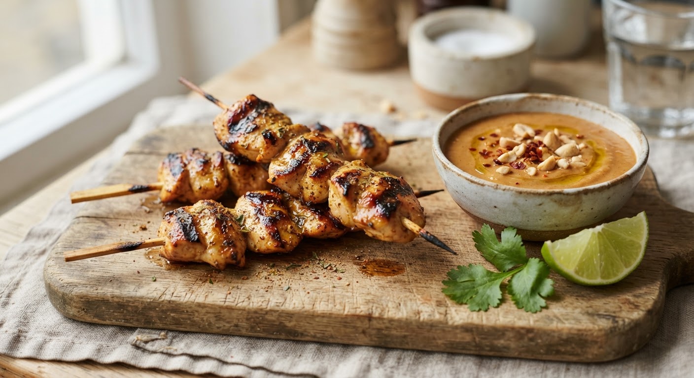 Plated Classic Thai Chicken Satay Skewers