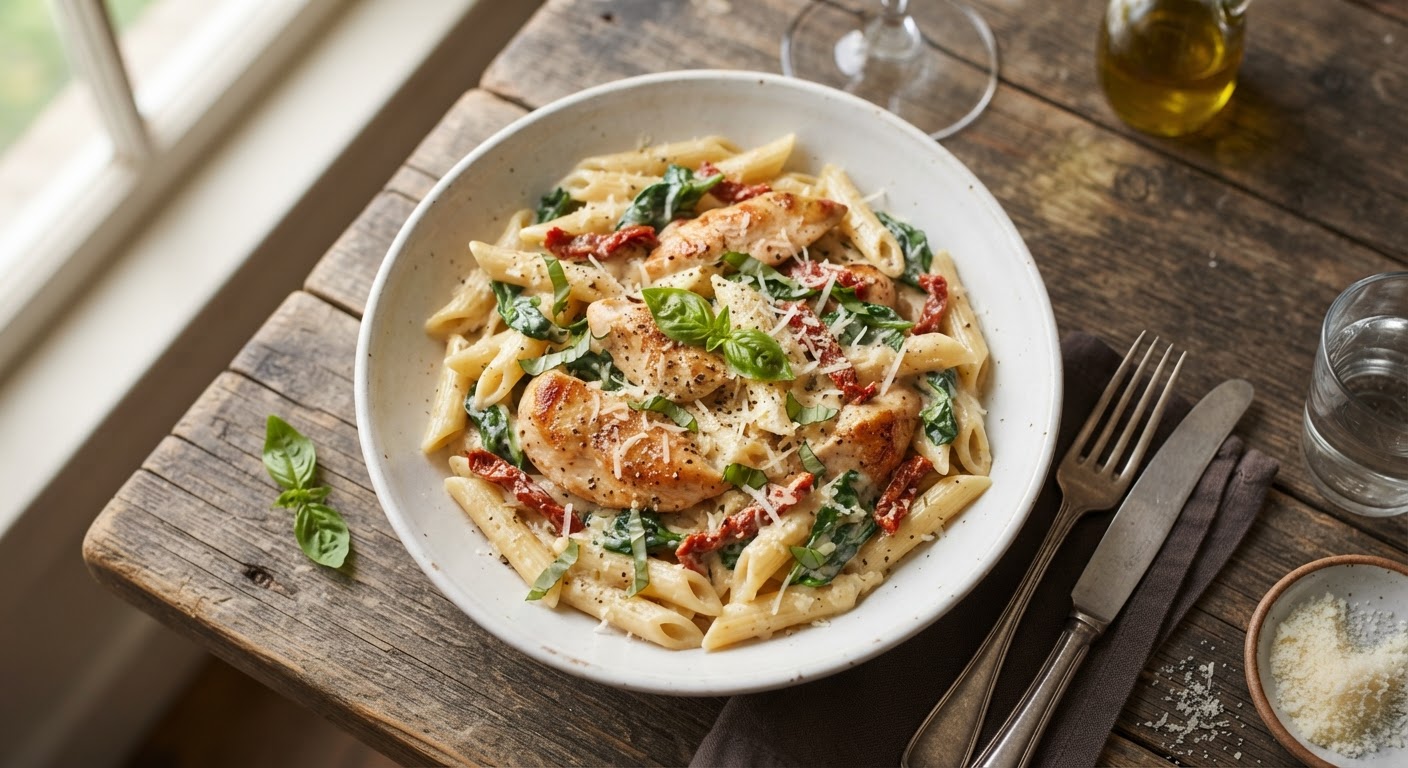 Plated Creamy Tuscan Chicken Pasta
